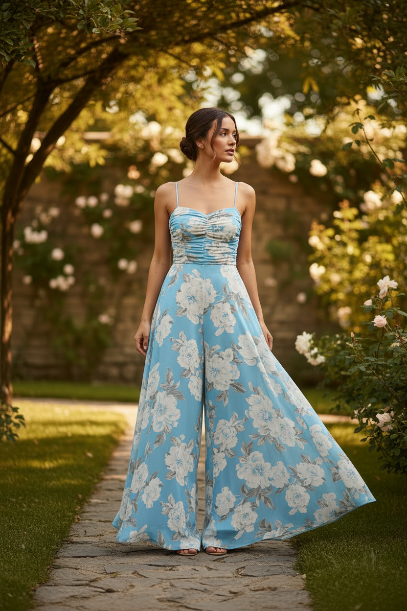 Sky Blue Floral Jumpsuit – Female model standing outdoors