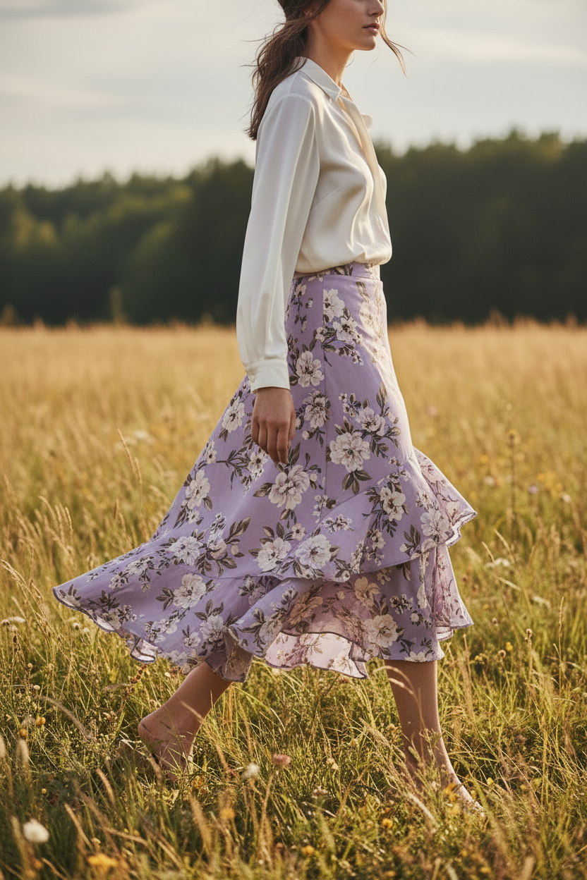 Female model walking outdoors wearing Stella Garden Midi Skirt in Lavender Floral