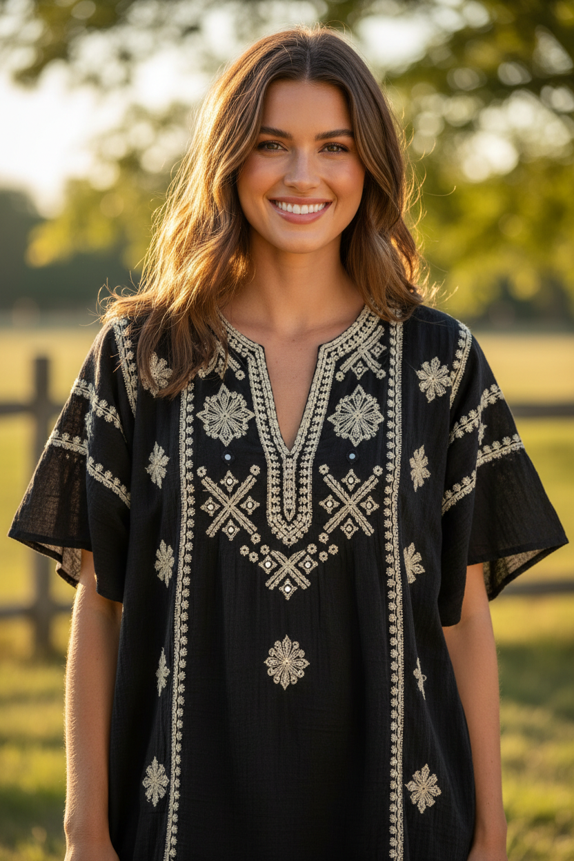 Black Embroidered – Female model smiling naturally