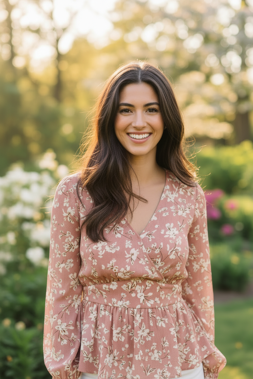Dusty Rose Floral — Female model smiling naturally