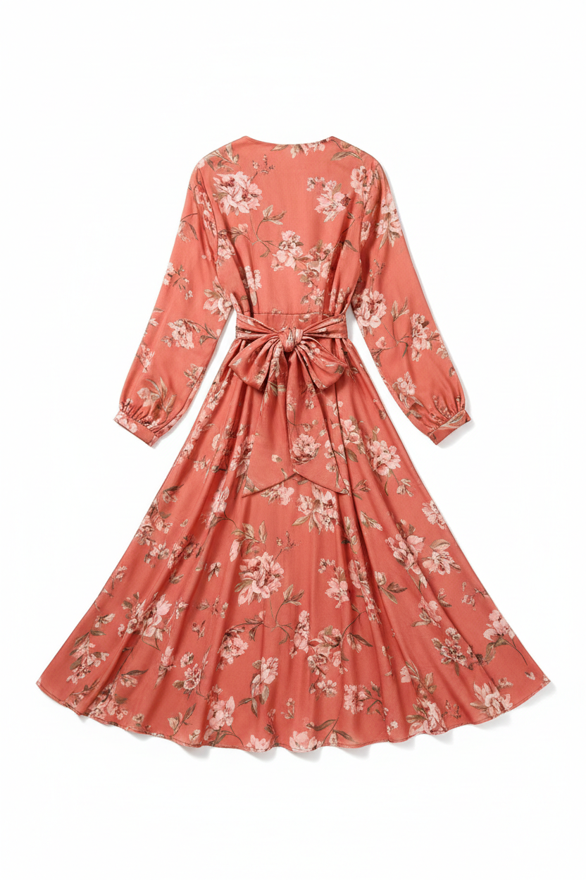 Celeste Evening Wrap Dress Coral Floral back view on white background