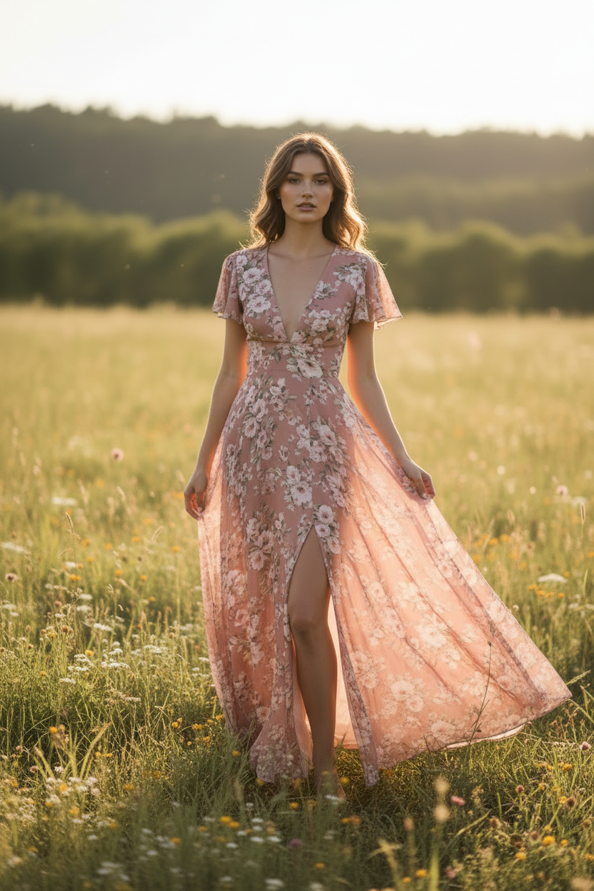Isabella Floral Maxi Dress Lavender – Model standing outdoors