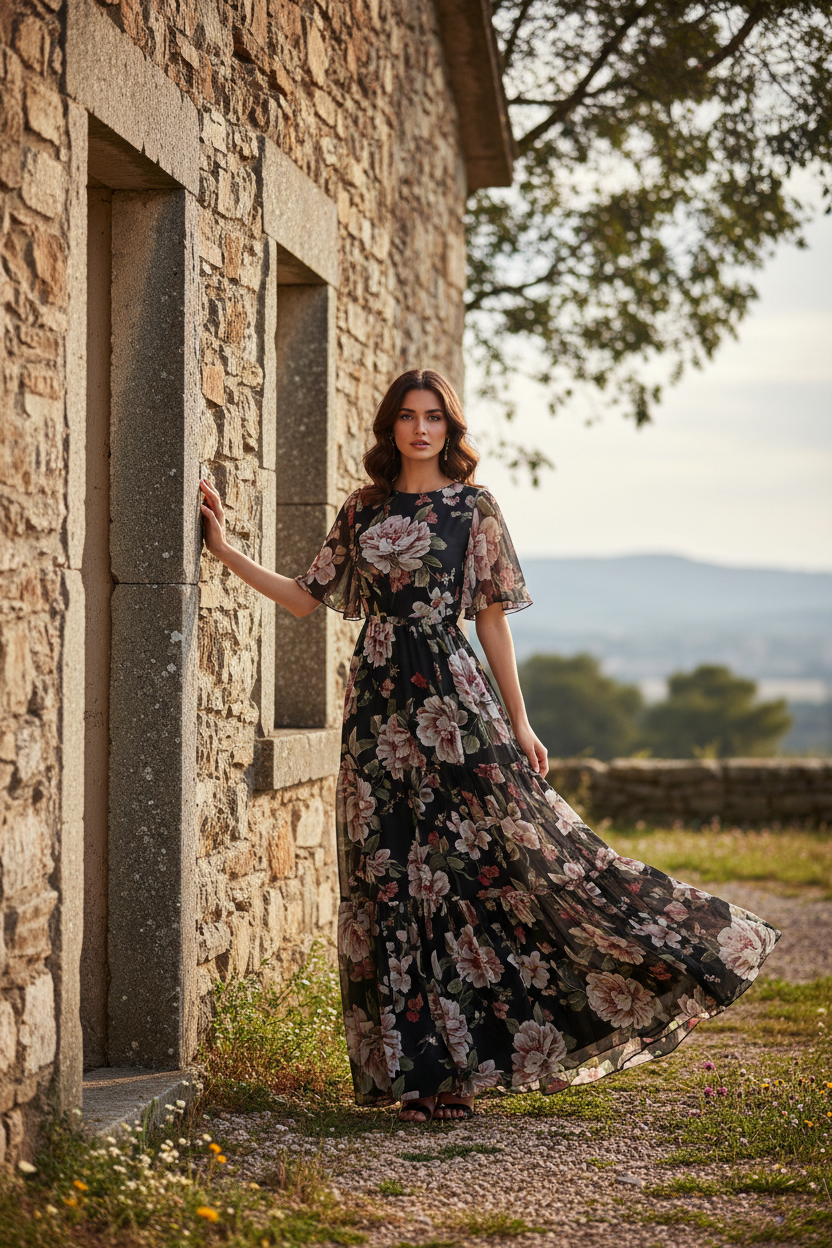 Female model standing near stone house wearing black floral chiffon maxi dress