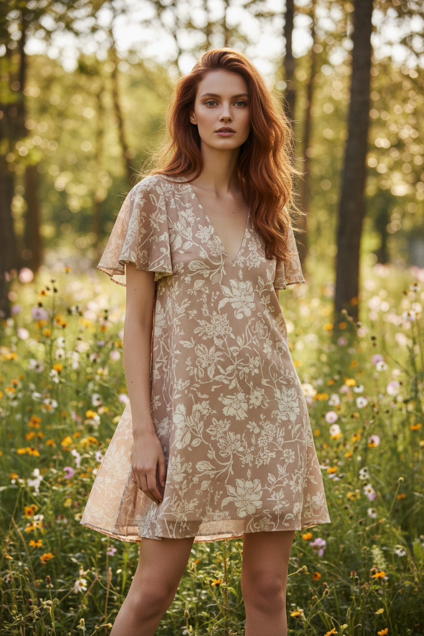 Beige Floral - Female model standing outdoors