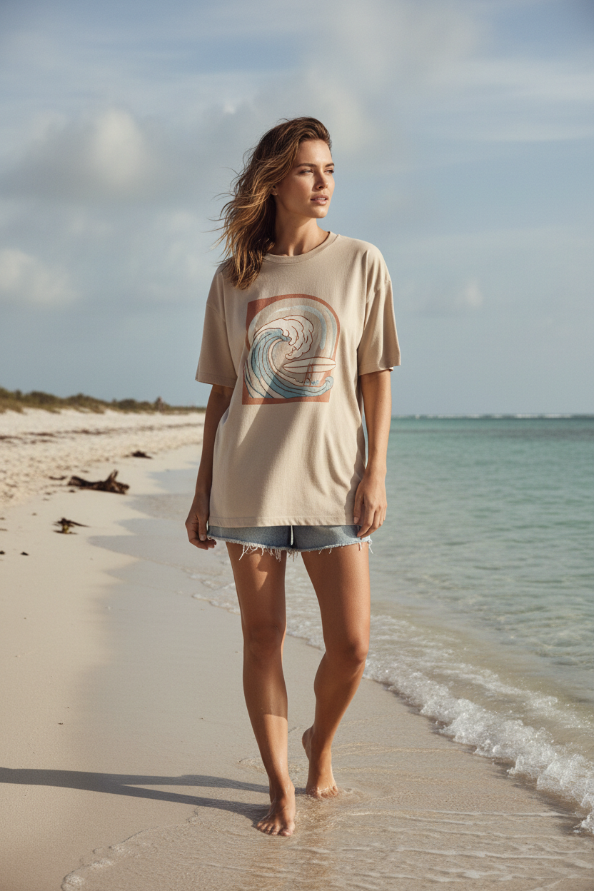Beige Graphic – Female model at beach wearing graphic tee