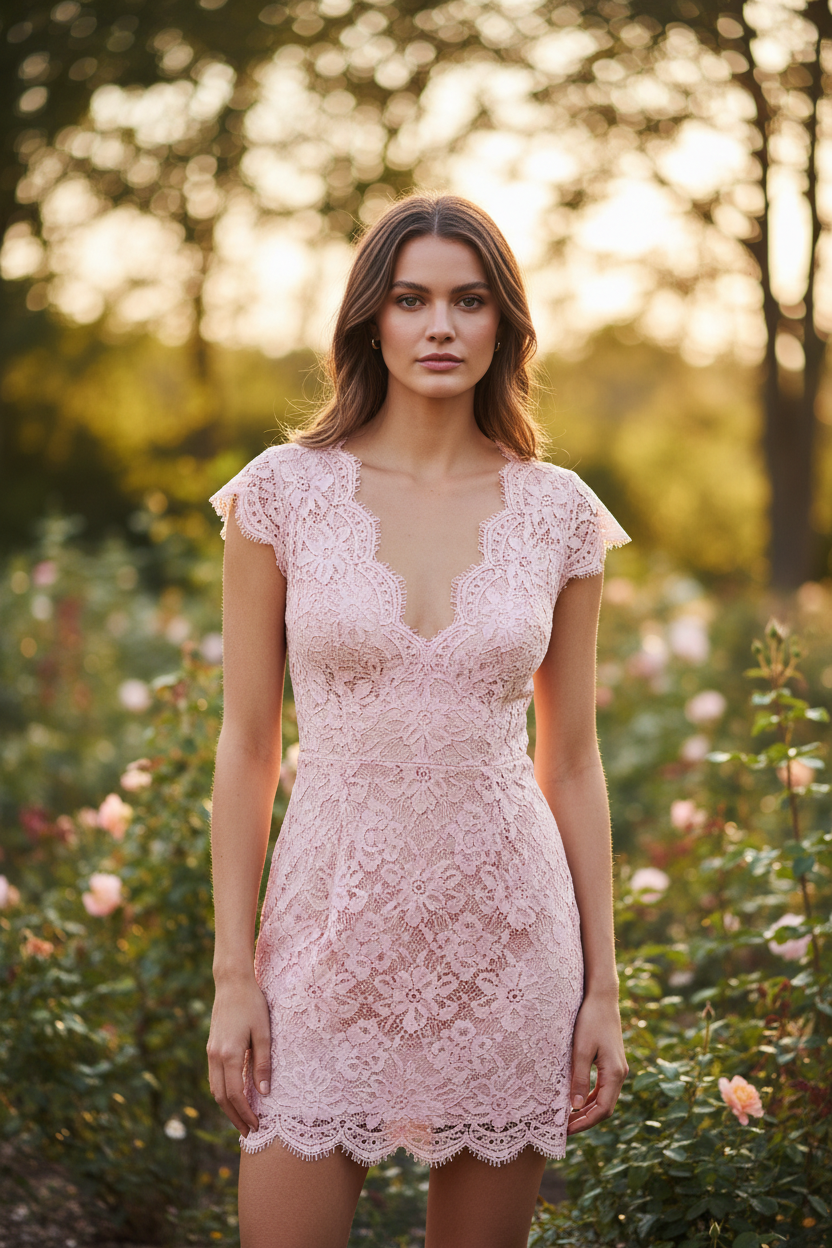 Soft Pink – Female model standing outdoors wearing lace top