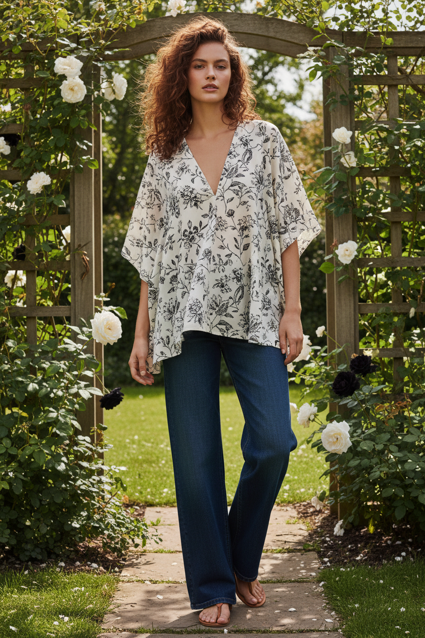 Black Floral – Female model standing outdoors wearing Stella Resort Top