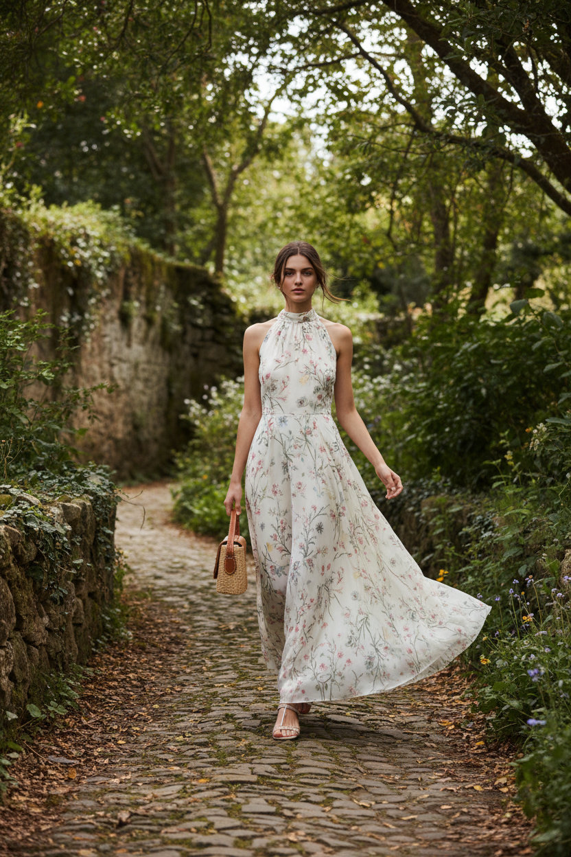 Ivory Floral – Female model walking outdoors wearing Elara Floral Maxi Dress