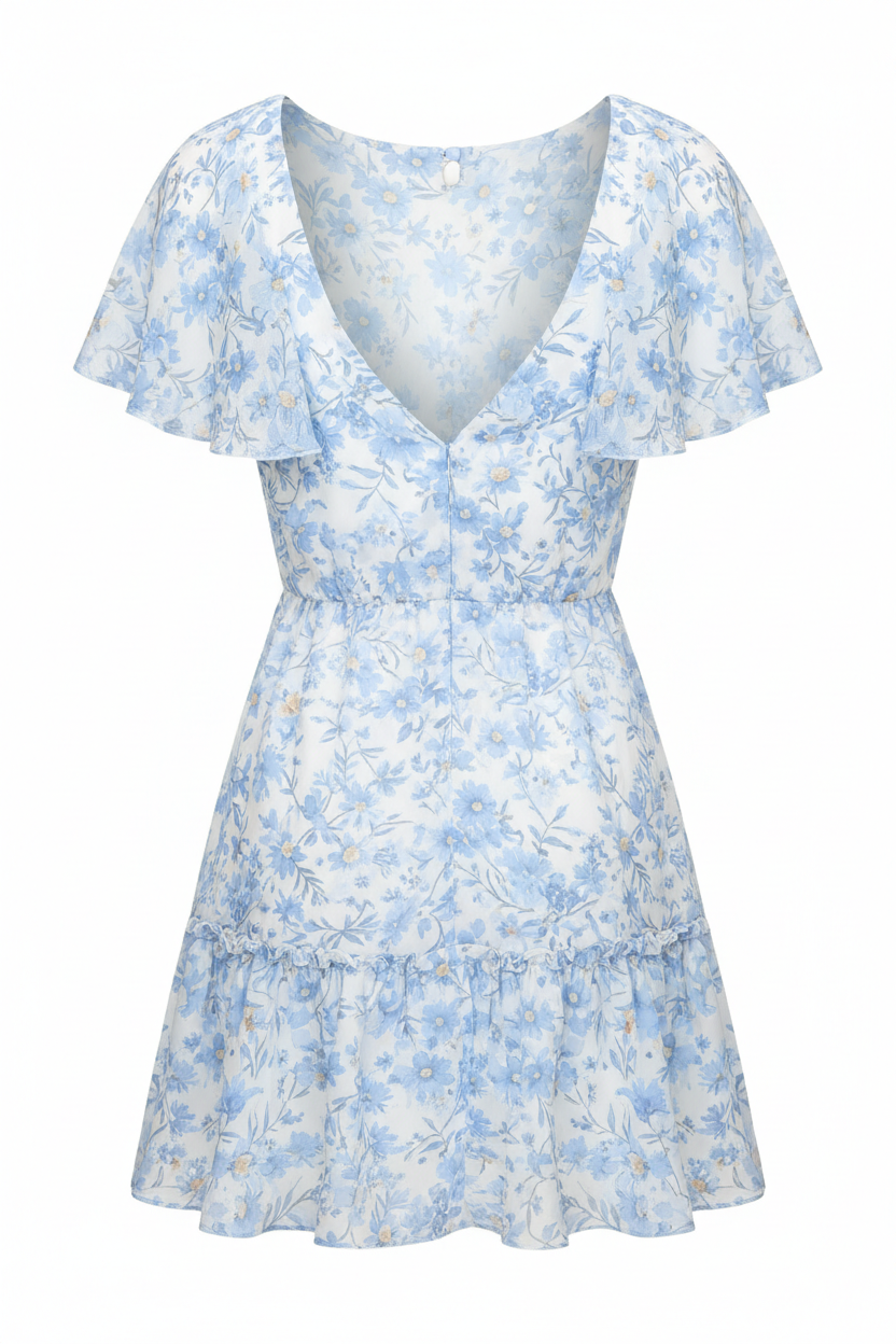 Luna Floral Mini Dress Sky Blue - Back view