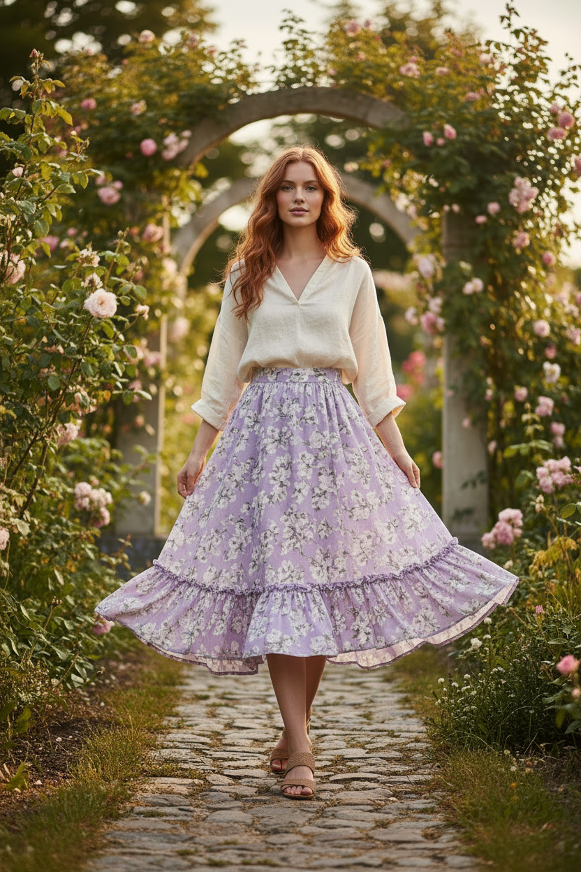 Female model posing naturally in Stella Garden Midi Skirt Lavender Floral