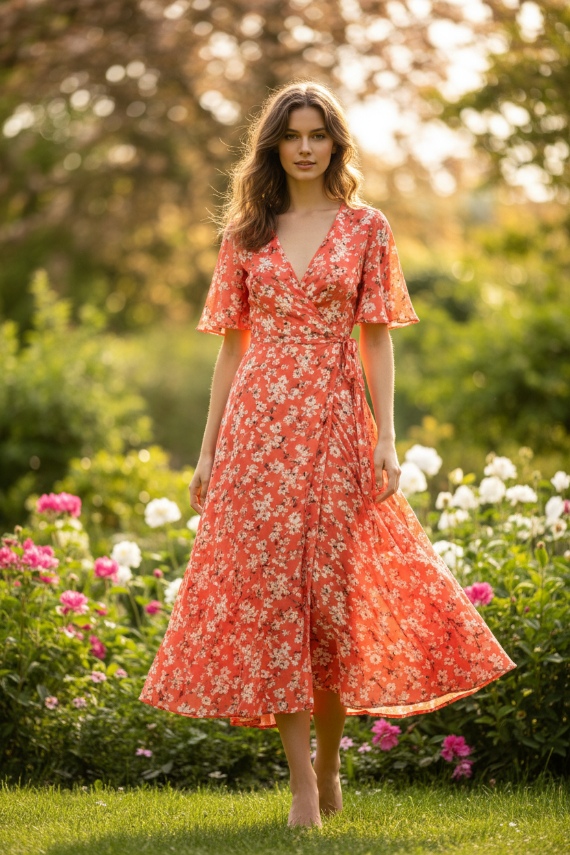 Coral Floral - Female model standing outdoors