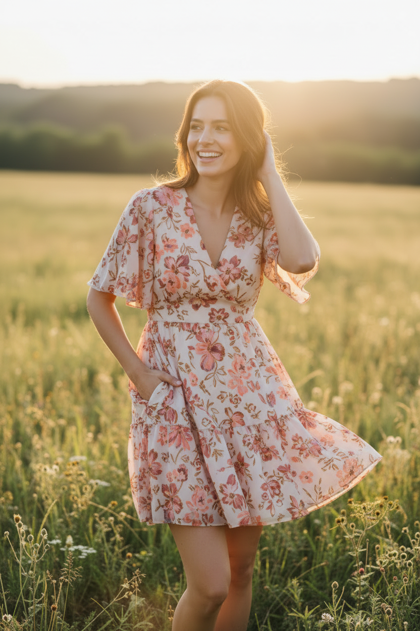 Peach Floral - Female model smiling in sunlight