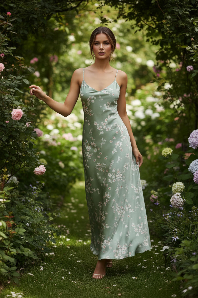 Sage Floral – Model walking outdoors
