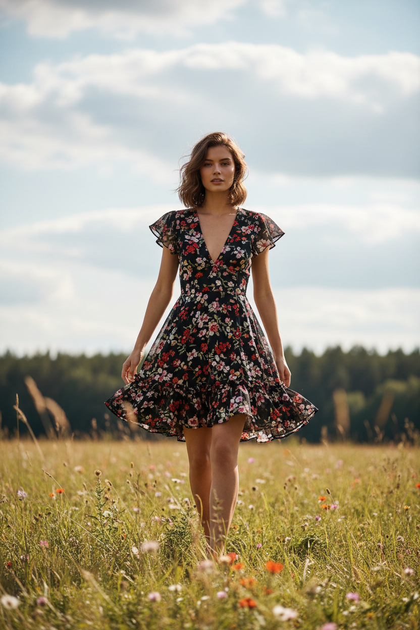 Black Floral – Female model walking outdoors wearing Luna Floral Mini Dress