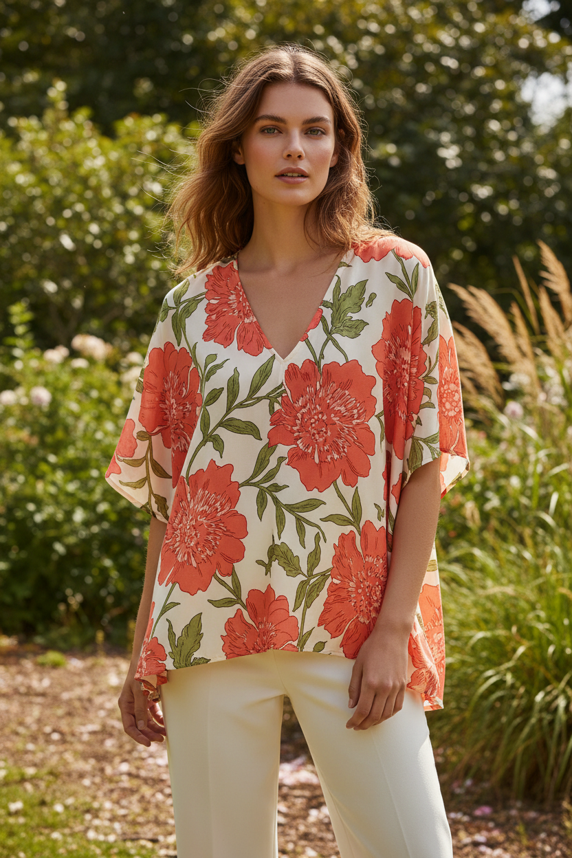 Coral Floral – Female model standing outdoors wearing Stella Resort Top