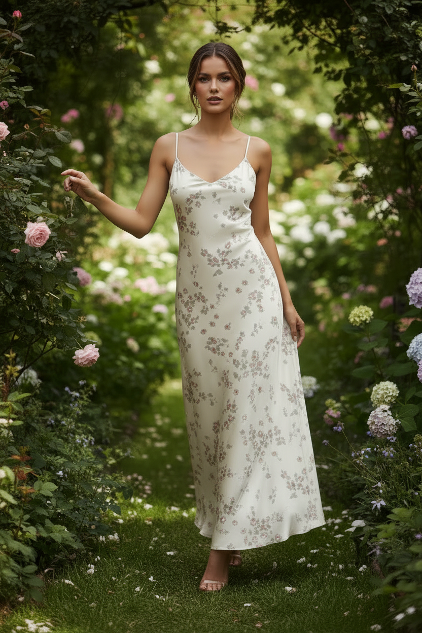 Ivory Floral – Model walking outdoors