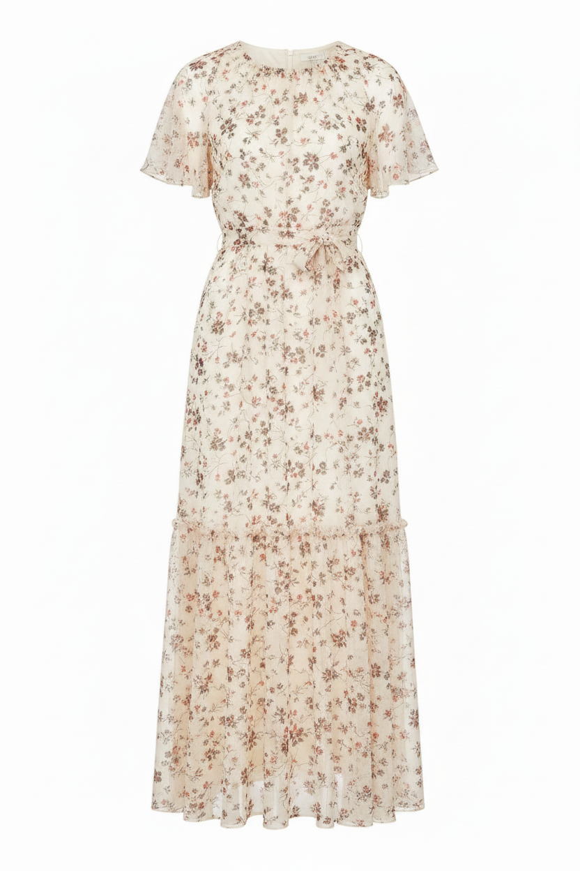 Ivory floral chiffon maxi dress front view on white background
