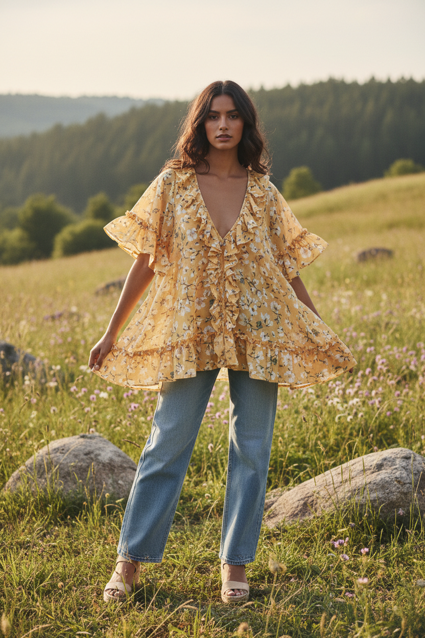 Butter Yellow Floral – Female model standing outdoors wearing ruffle top