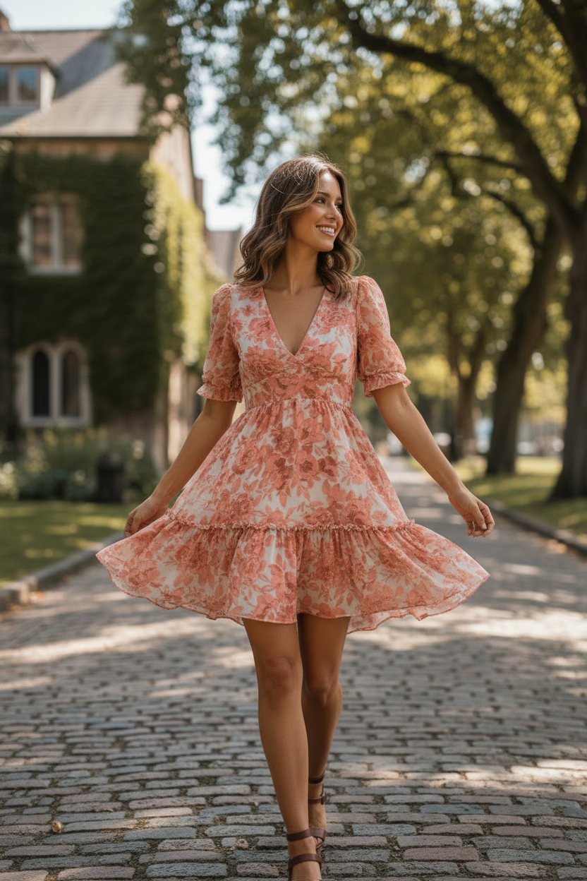 Peach Floral - Female model walking outdoors