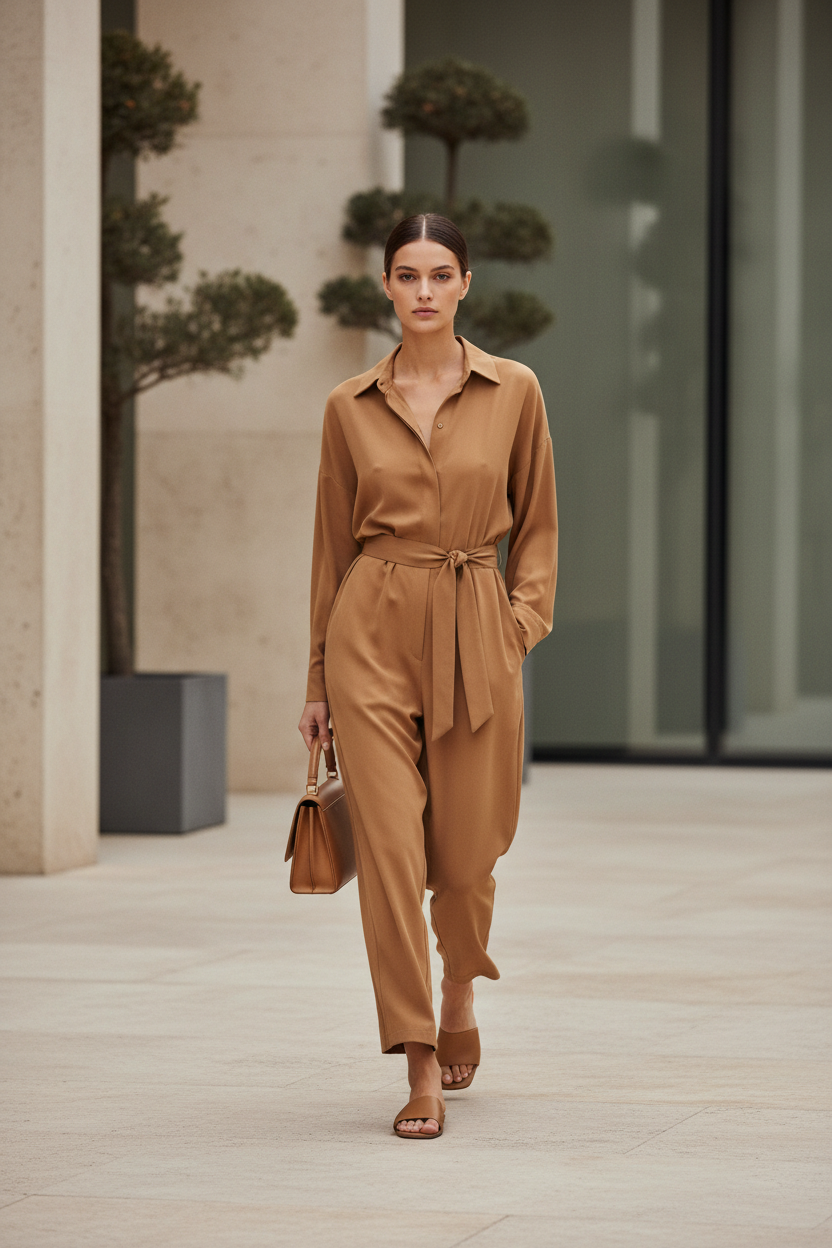 Camel belted playsuit - female model walking outdoors