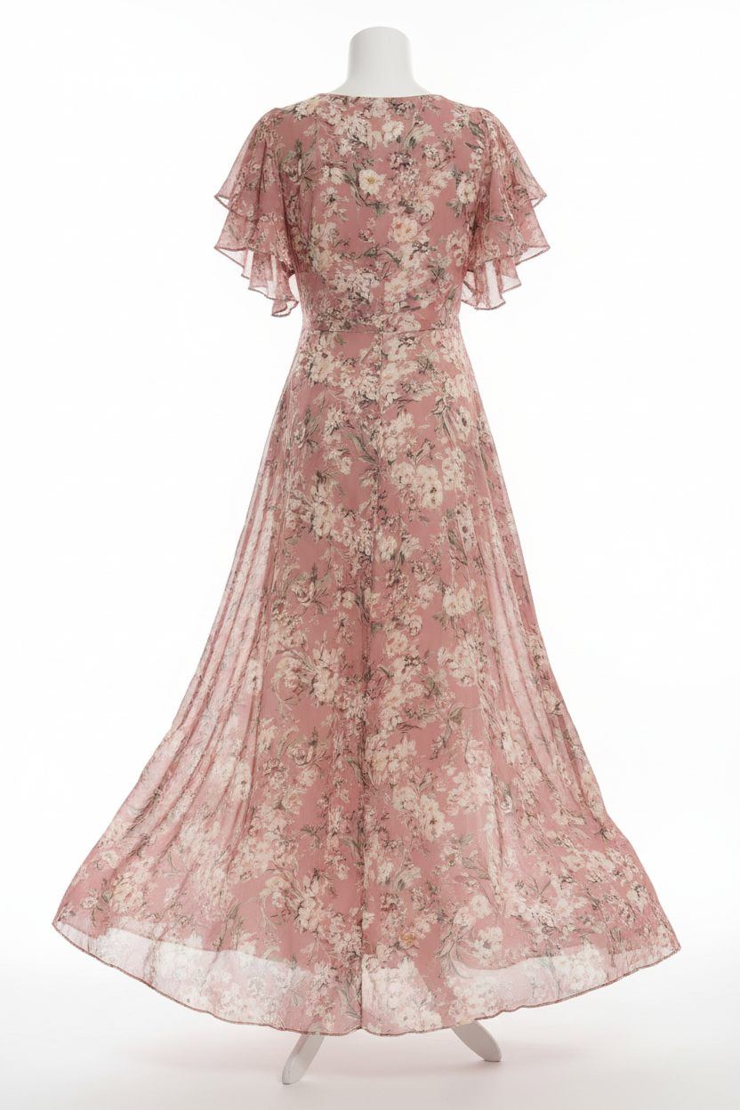 Isabella Floral Maxi Dress Dusty Rose – Back view white background