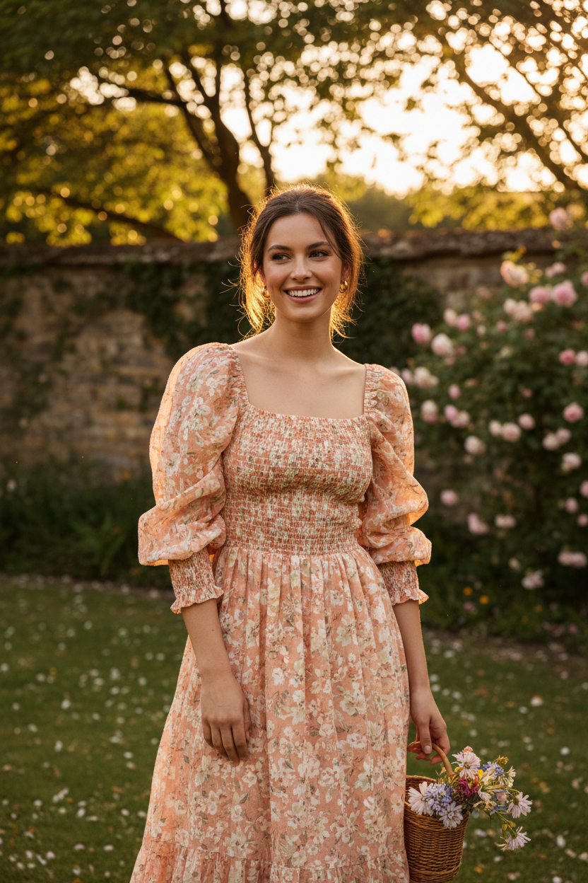 Peach Floral – Female model smiling naturally