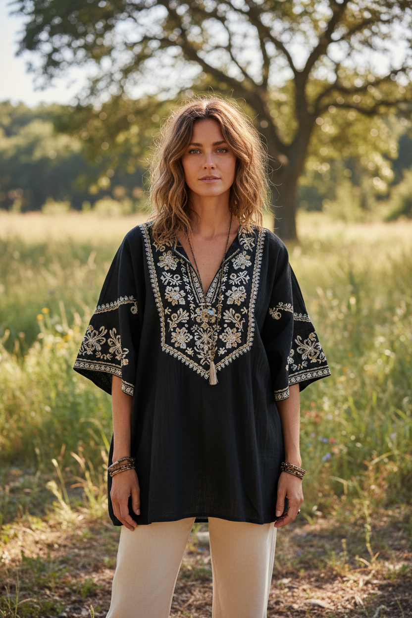 Black Embroidered – Female model standing outdoors