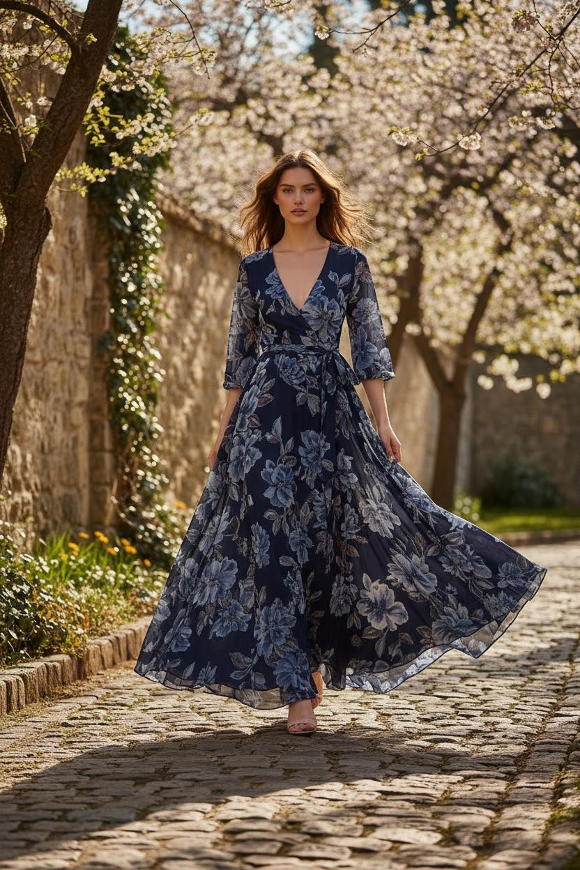 Female model walking outdoors wearing Celeste Evening Wrap Dress in Midnight Floral