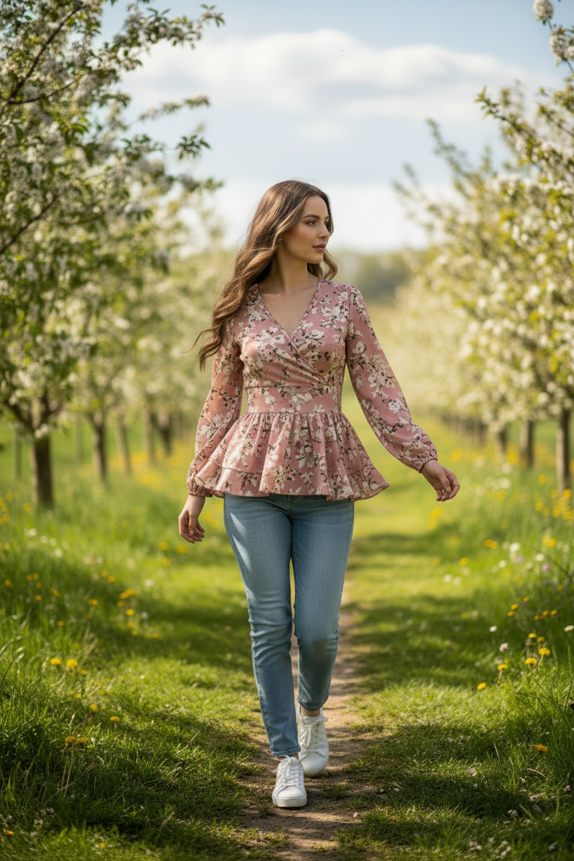 Dusty Rose Floral — Female model walking outdoors