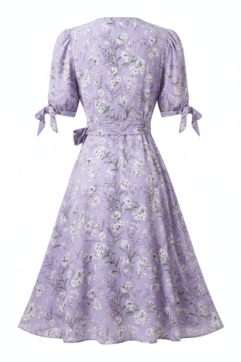 Lavender Floral wrap dress – back view white background