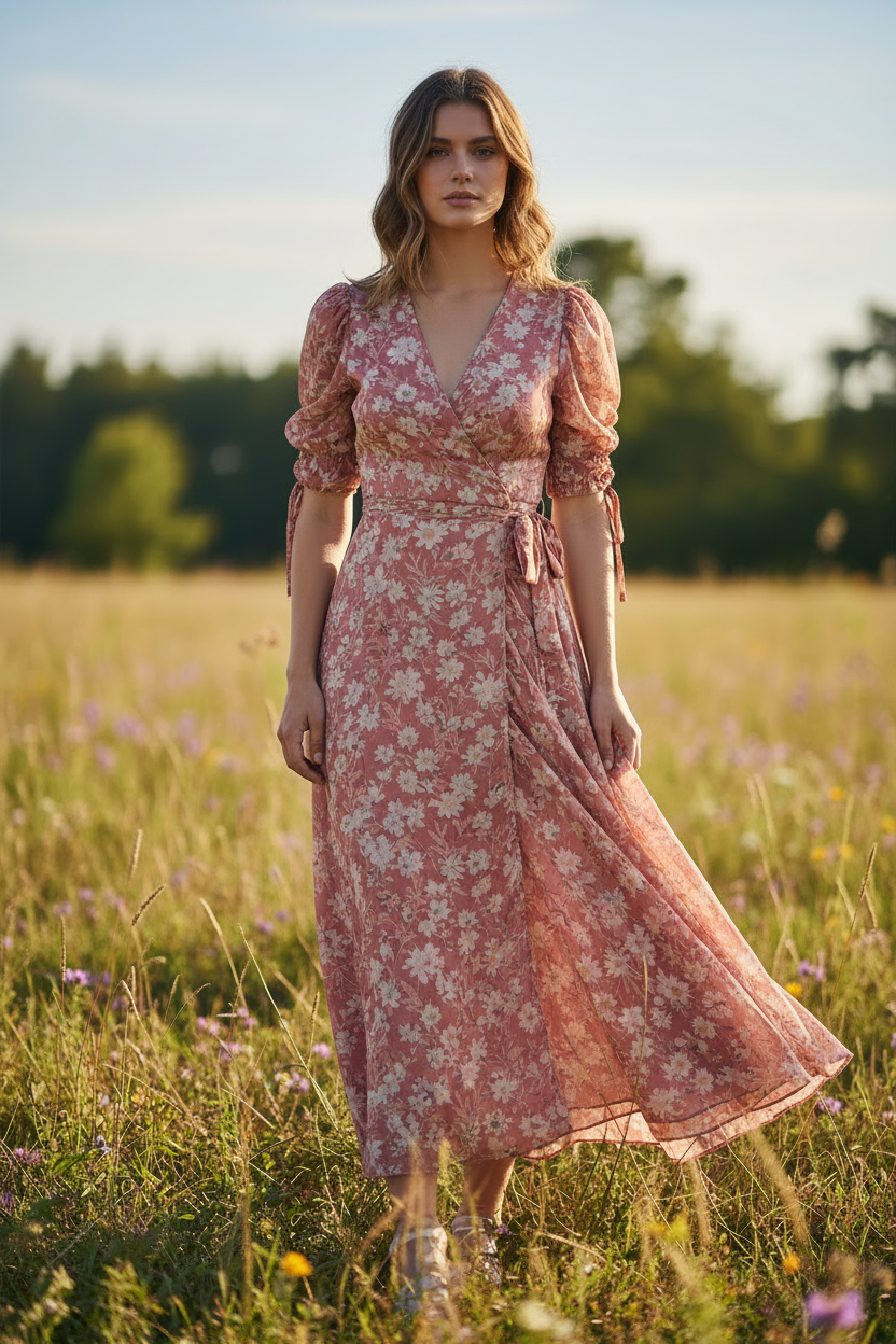 Dusty Rose Floral wrap dress – model standing outdoors