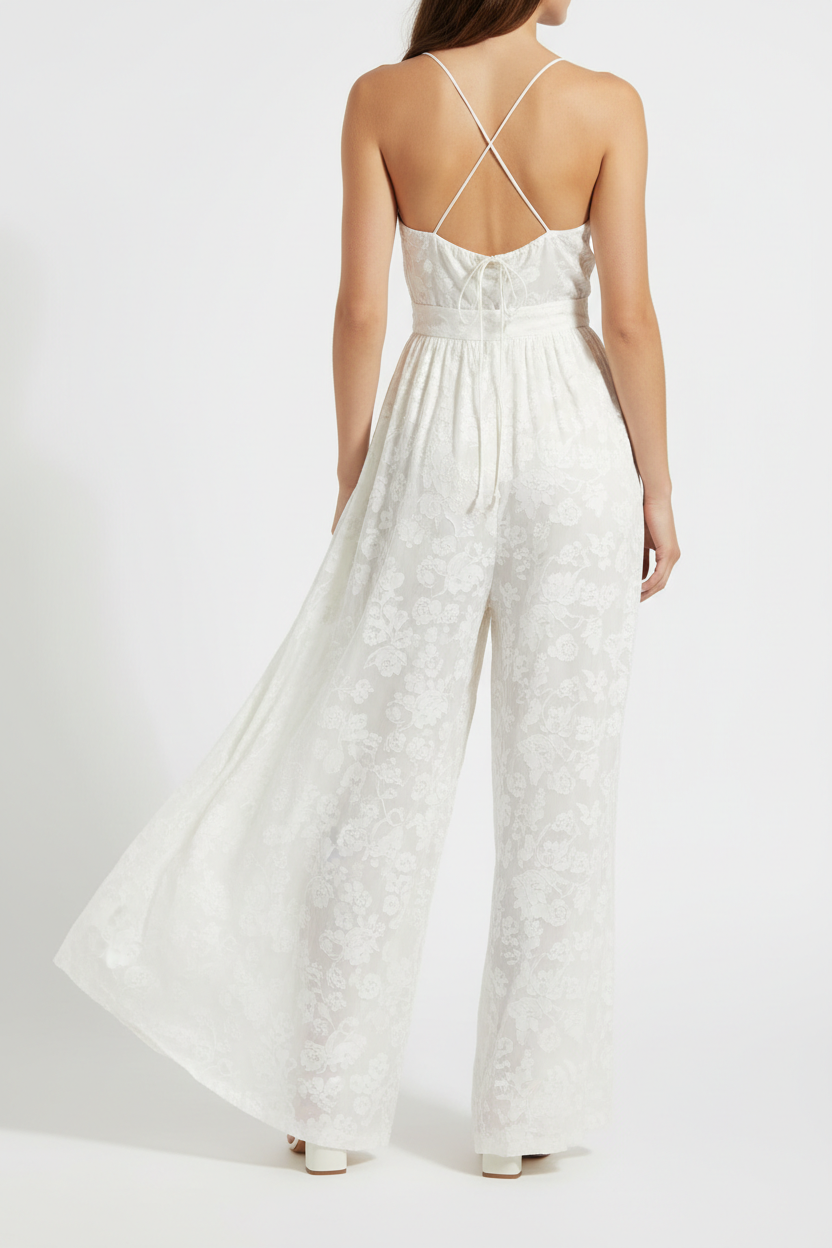 Ivory Floral jumpsuit - back view white background