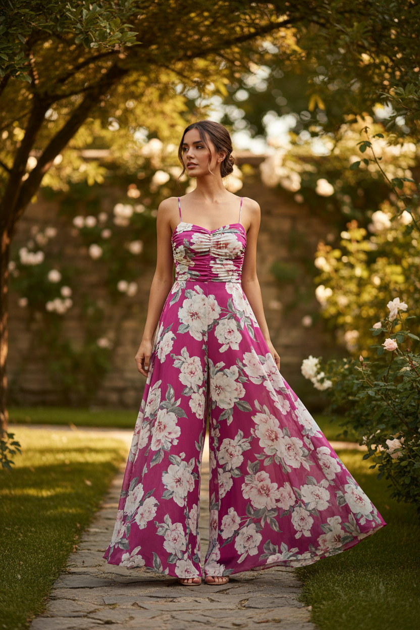 Fuchsia Floral Jumpsuit – Female model standing outdoors