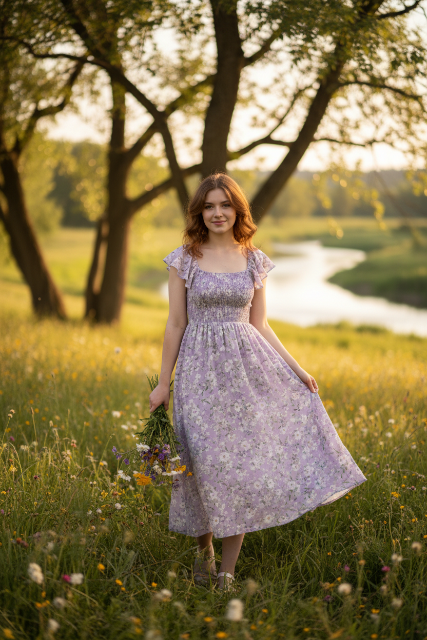 Lavender Floral - Female model standing outdoors