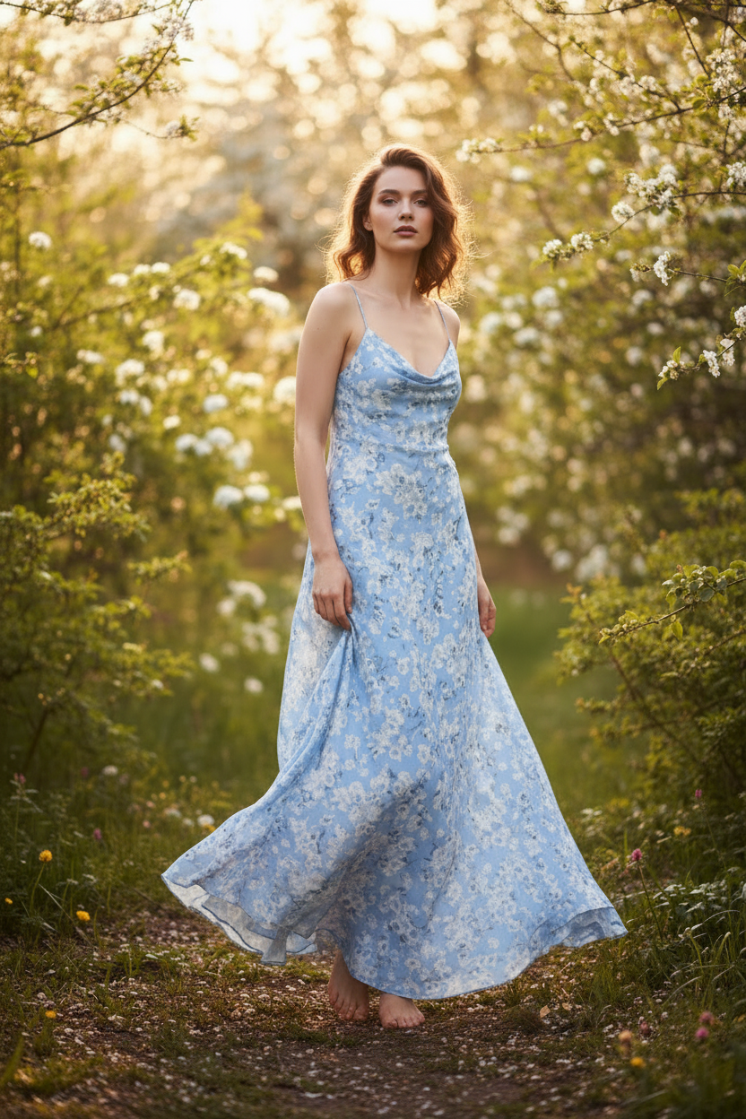 Celeste Evening Slip Dress - Sky Blue Floral - Model Standing Outdoors