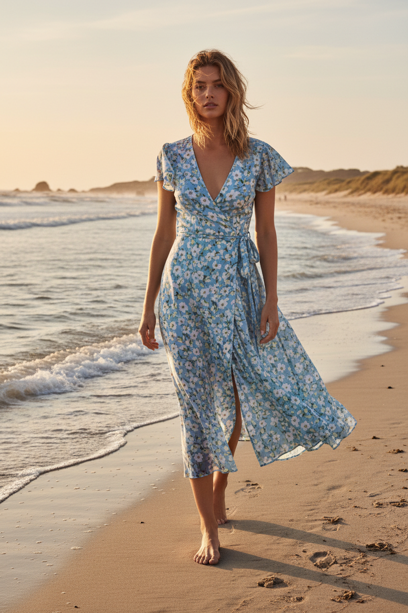 Sky Blue Floral – Female model walking at beach wearing Aurora Summer Wrap Dress