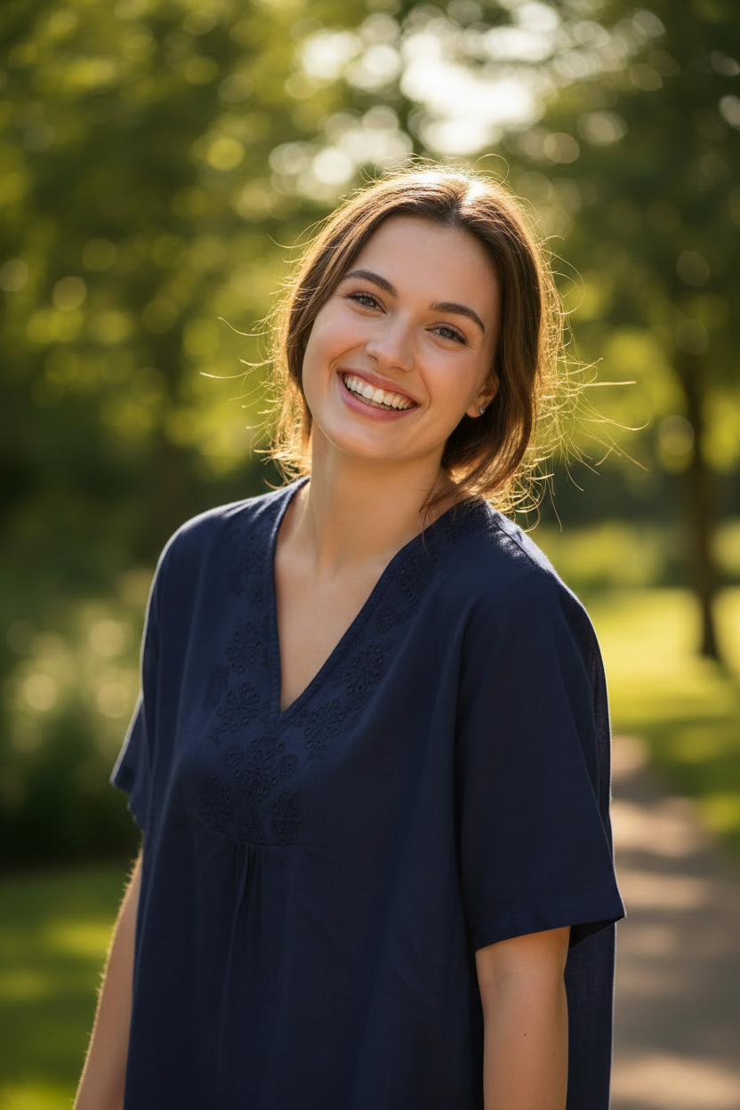 Navy Embroidered Top - Female model smiling naturally