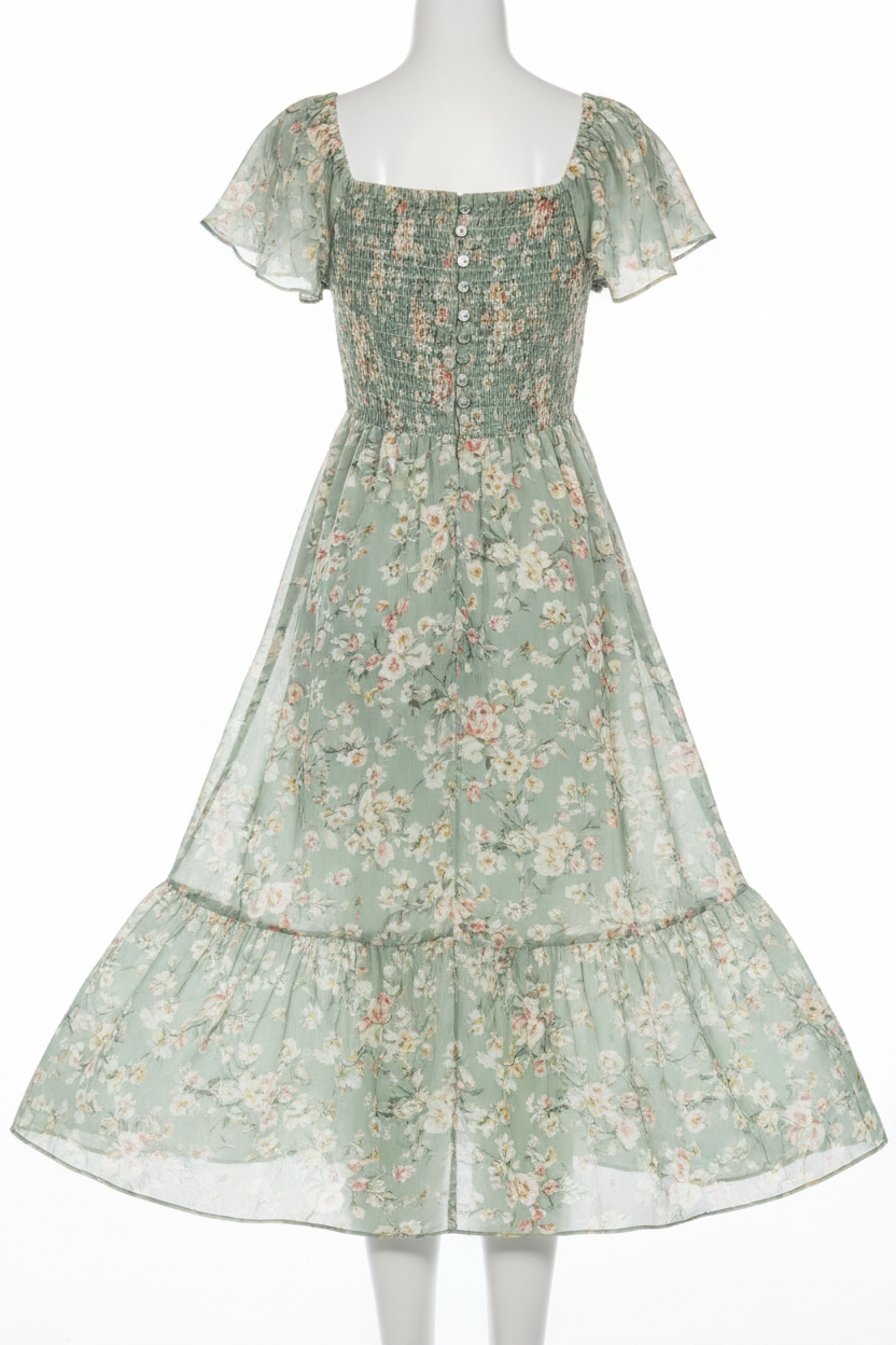 Elara Smocked Midi Dress Sage Floral — back view white background