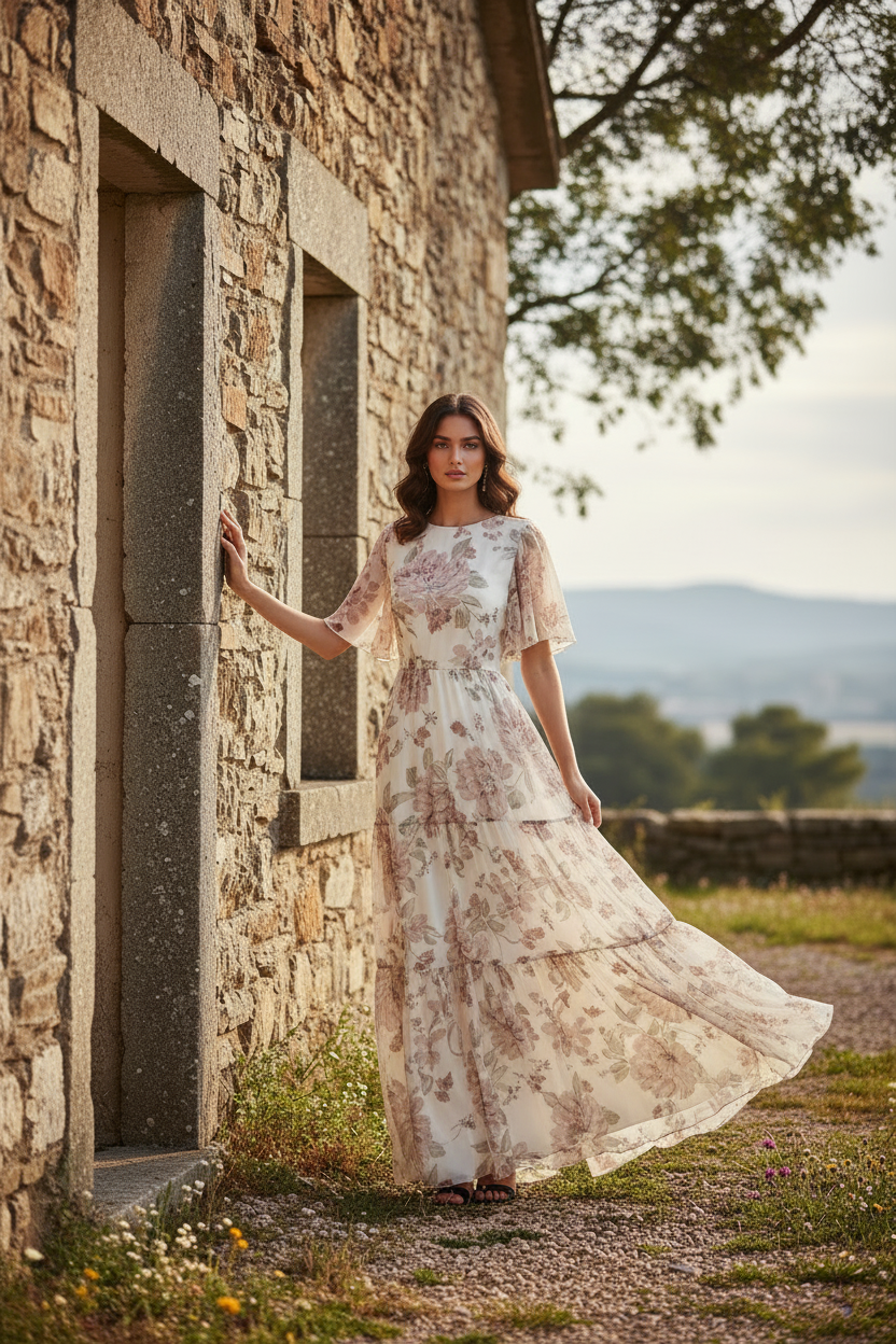 Female model standing near stone house wearing ivory floral chiffon maxi dress