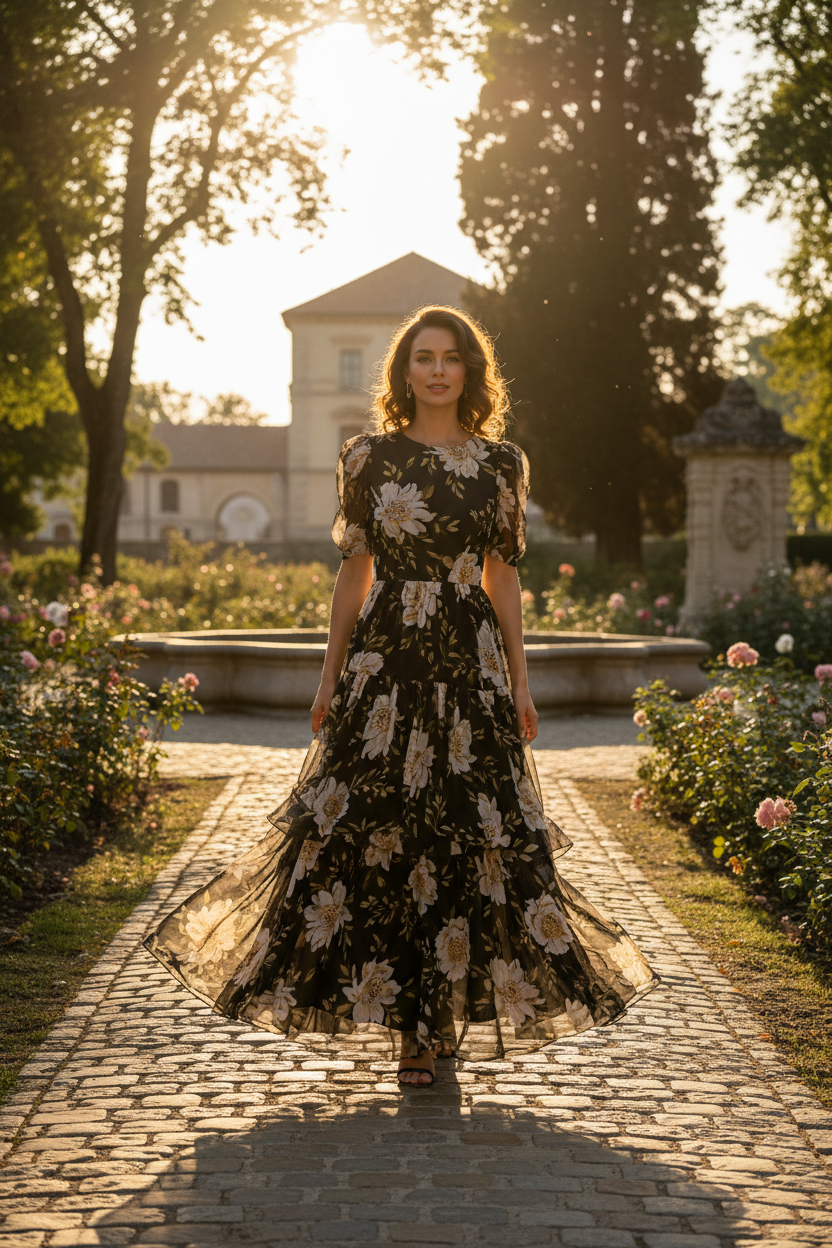 Female model standing in sunlight wearing black floral chiffon maxi dress