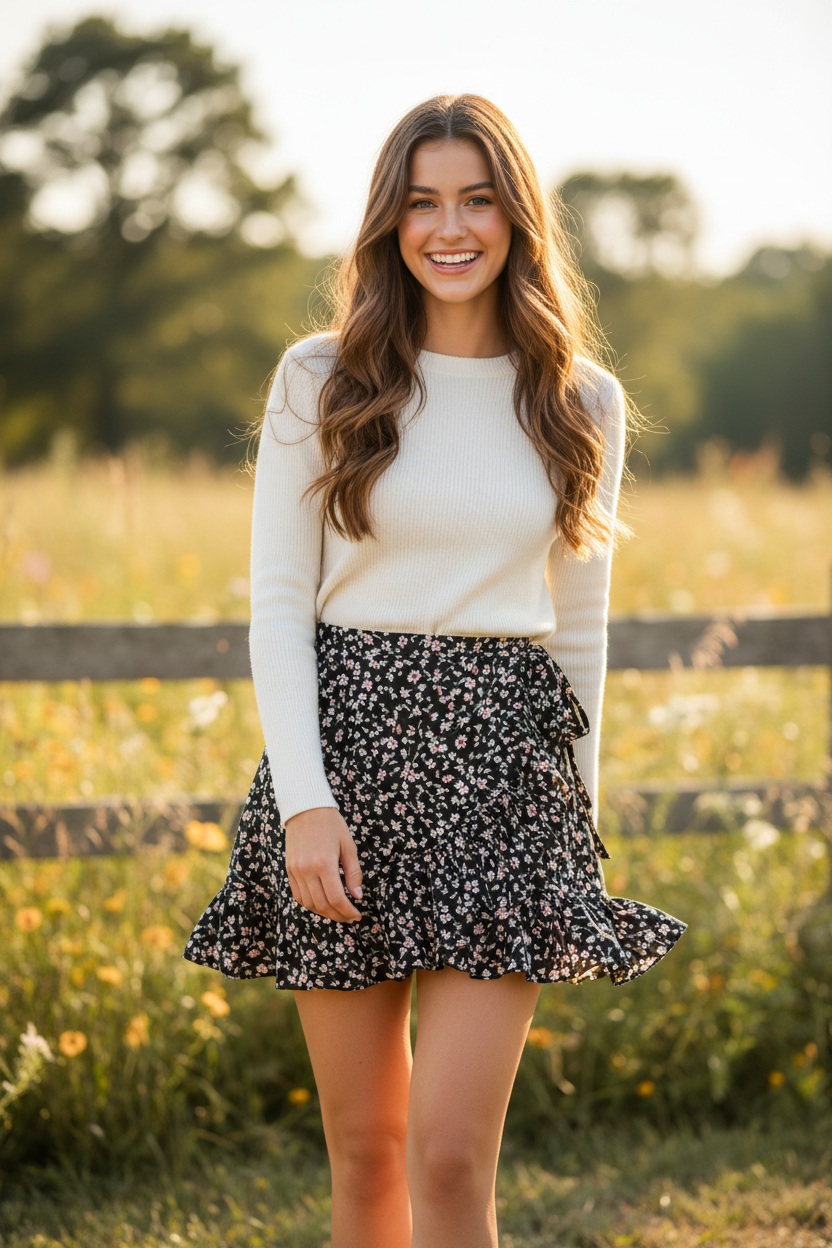 Black Floral — Female model smiling naturally wearing Aurora Ruffle Mini Skirt
