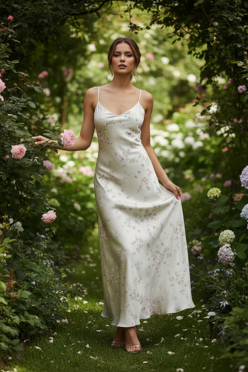 Ivory Floral – Model in garden