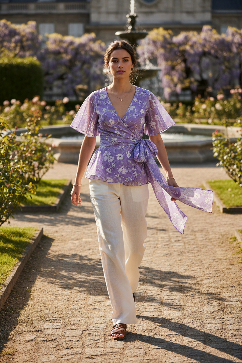 Lavender Floral – Female model walking outdoors