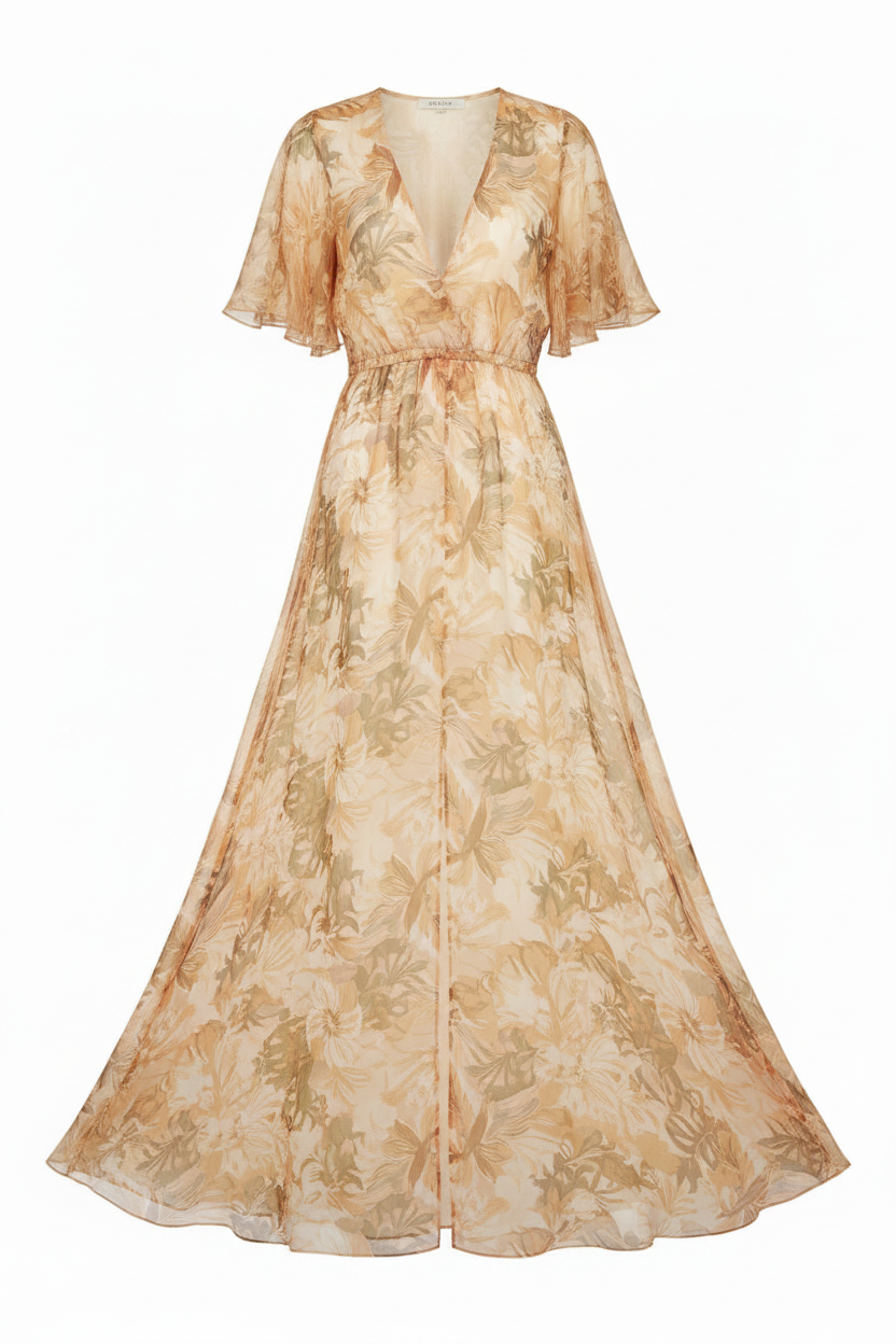 Stella Boho Maxi Dress Beige Floral – Front view white background