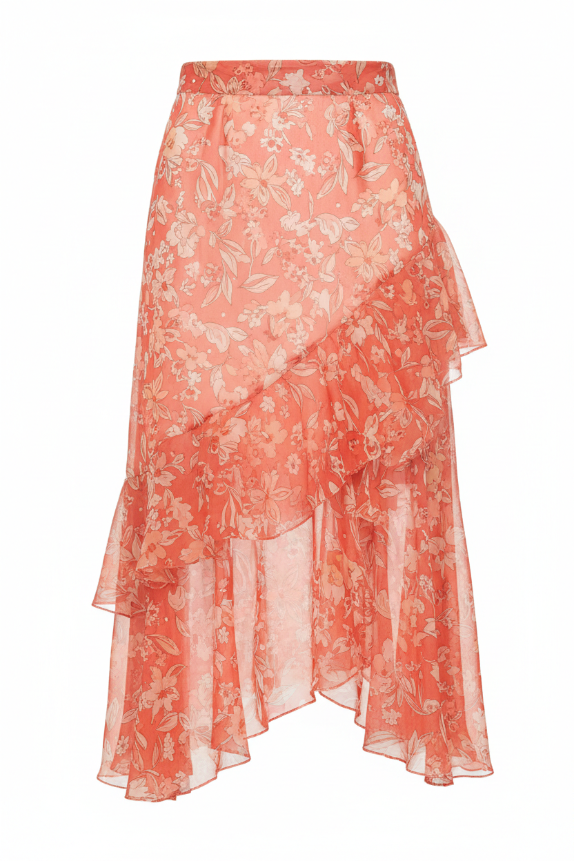 Stella Garden Midi Skirt Coral Floral front view on white background