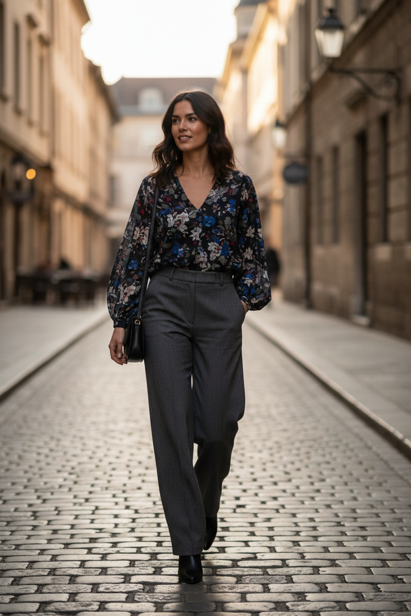 Female model walking outdoors wearing Aurora Floral Blouse in Midnight Floral