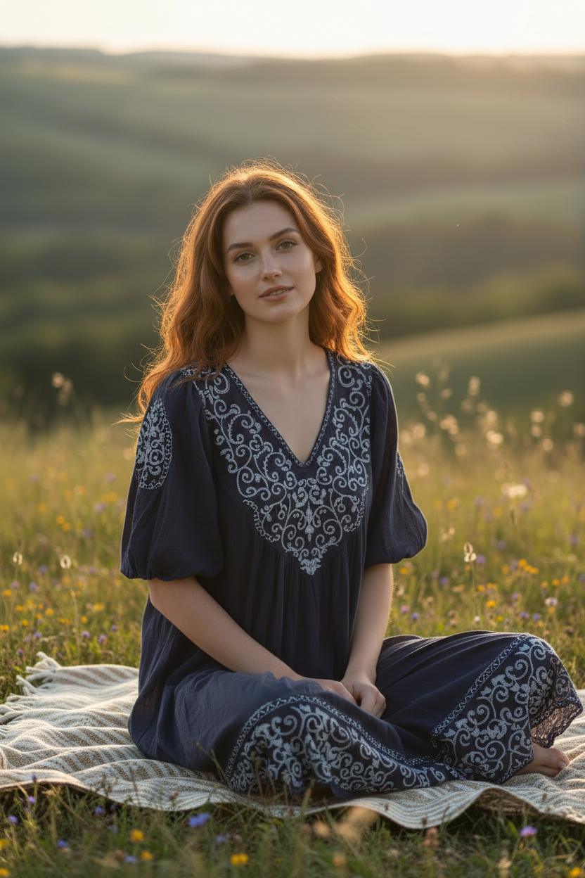 Navy Embroidered Top - Female model sitting outdoors