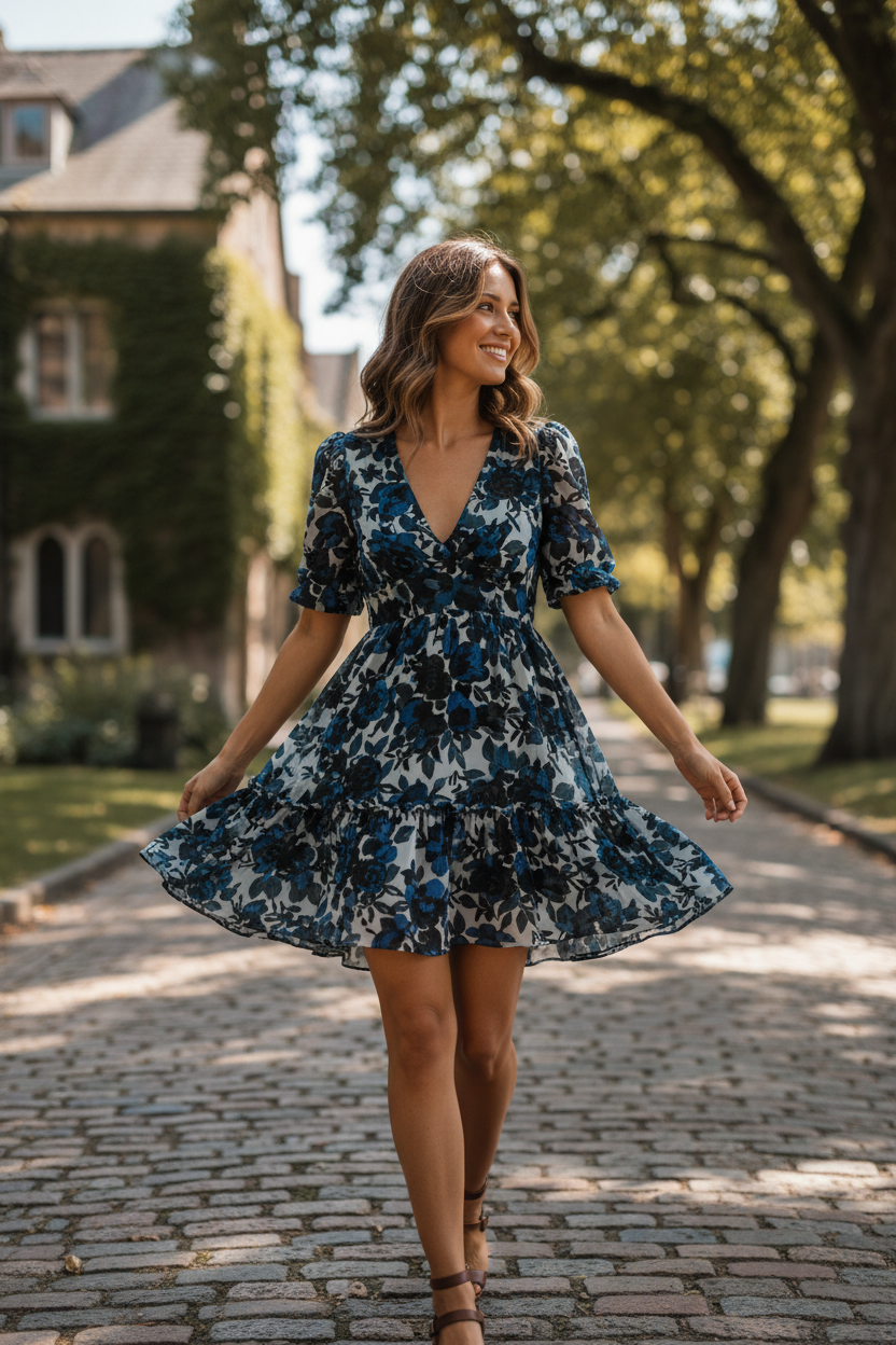Midnight Floral - Female model walking outdoors