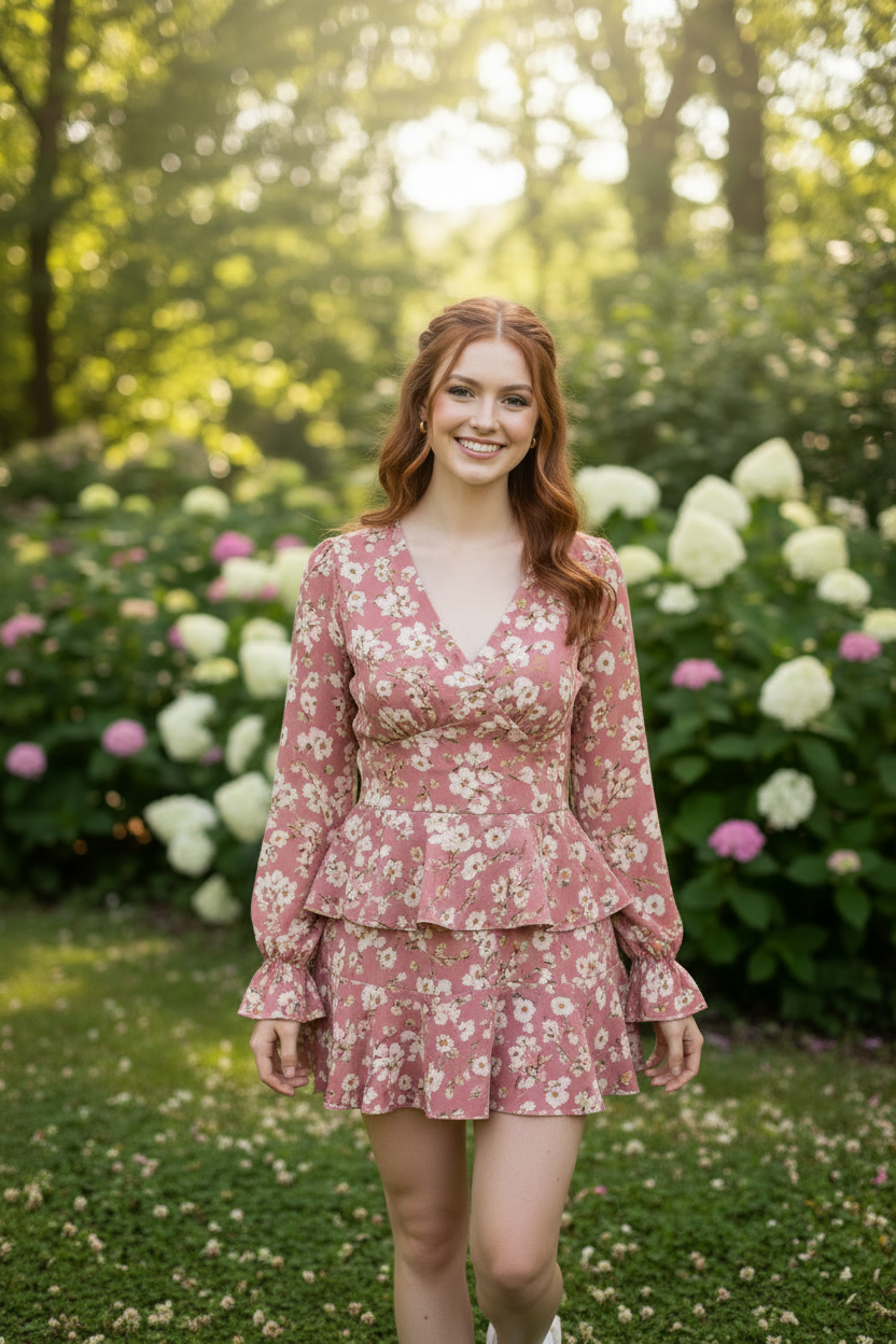 Dusty Rose Floral — Female model standing outdoors wearing Luna Floral Peplum Top