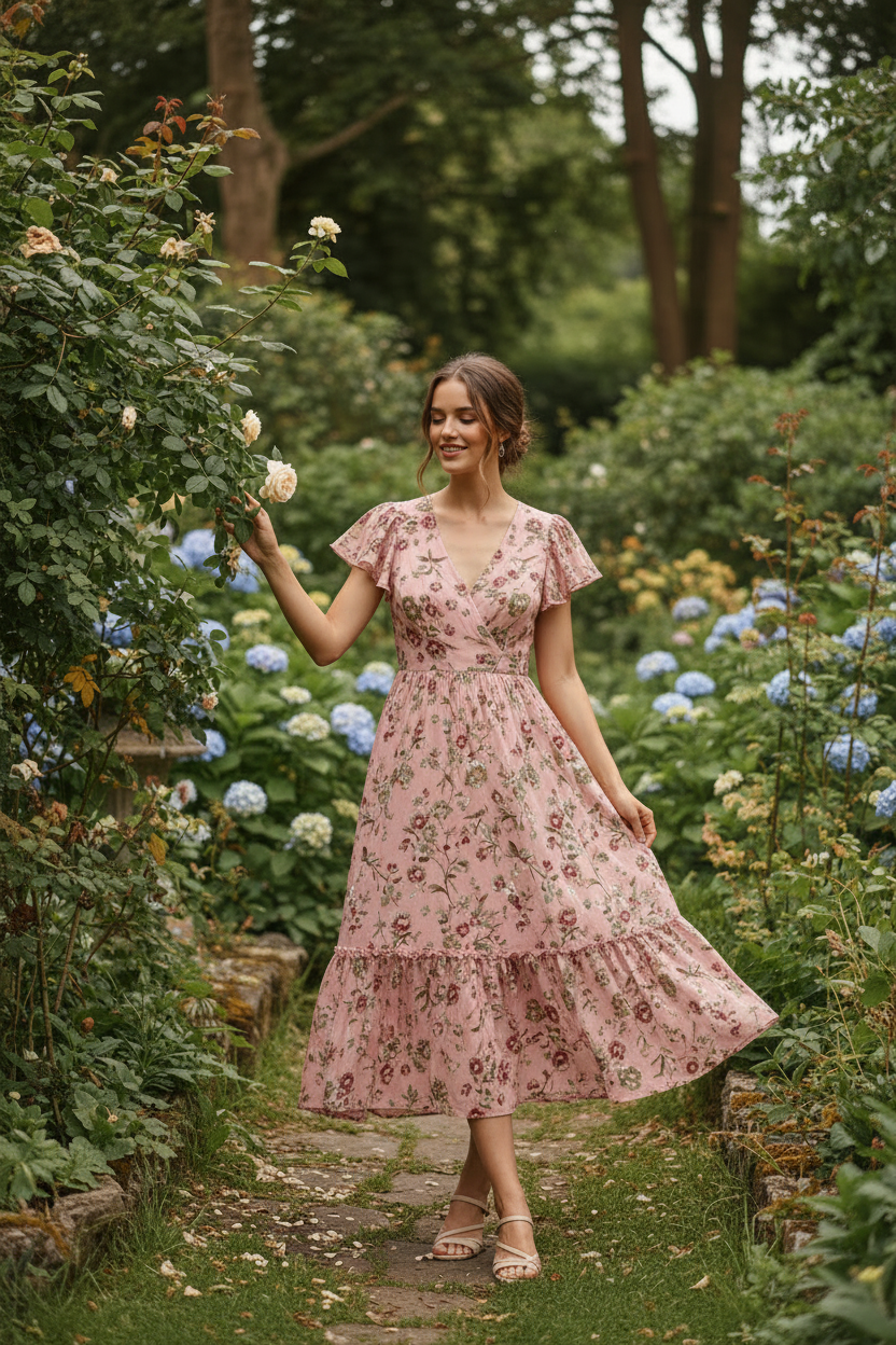 Soft Pink Floral - Model in garden